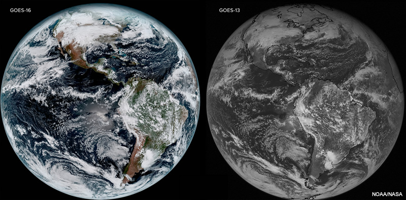 NOAA/NASA full disk comparison of GOES-16 true color and GOES-13 visible channel