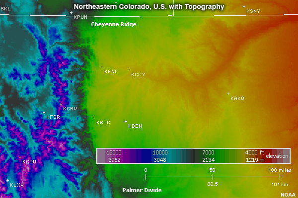 Topographic map of northern Colorado, showing Cheyenne Ridge and Palmer Divide