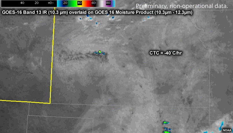 GOES-16 Band 13 IR (10.3 µm) overlaid on GOES 16 Moisture Product (10.3µm - 12.3µm)