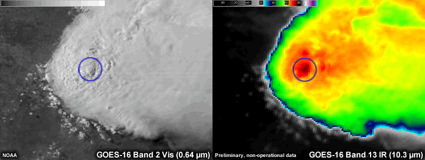 GOES 16 Band 2 (Vis) and Band 13 (IR) loop of overshooting tops