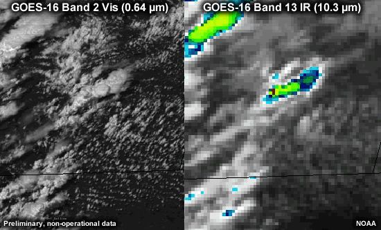 GOES 16 Band 2 (Vis) and Band 13 (IR) loop of anvil growth and overshooting tops