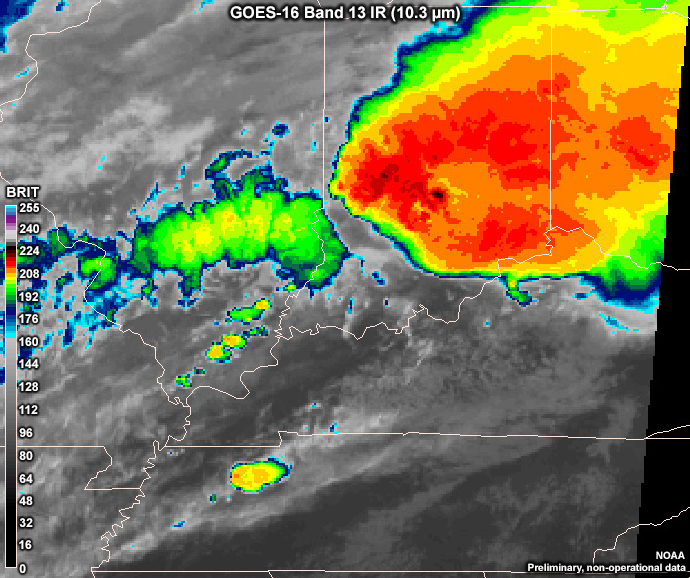 GOES 16 Band 13 (IR) loop of intense thunderstorm growth, showing clear anvils and enhanced-V signatures within an MCS over the Ohio River Valley