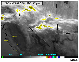 Imagen del canal de la ventana infrarroja de onda larga de 10,7 micrmetros del GOES-8 que muestra una capa de estratos