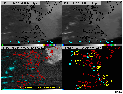 Cuatro animaciones que muestran imgenes de 3,9 y 10,7 micrmetros del GOES-8, el producto niebla/estratos derivado y las observaciones de superficie