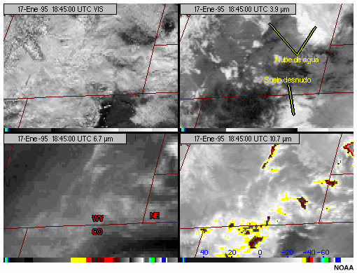 4 paneles con imgenes tomadas en los canales visible, de 3,9 micrmetros, de 6,7 micrmetros y de 10,7 micrmetros del GOES-8 para destacar las herramientas que permiten distinguir entre cirros y manto de nieve en imgenes diurnas
