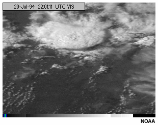 Esta animacin muestra una secuencia de imgenes del canal visible del GOES-8 en la cual se ha aplicado realce estndar en escala de grises a una tormenta.