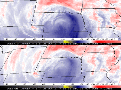 Dos imgenes que comparan el GOES-8 y el GOES-12 para resaltar la mayor resolucin del GOES-12 y el anlisis resultante de dos mximos de velocidad de una corriente en chorro y la precipitacin asociada