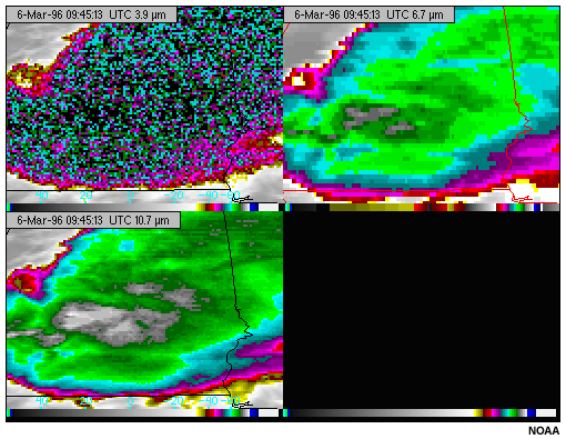 Esta imagen muestra cumulonimbos de noche en el canal infrarrojo de onda corta de 3,9 micrmetros del GOES-8