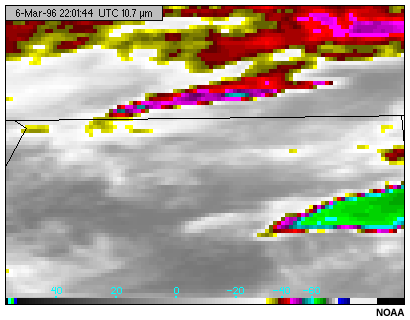Esta imagen muestra cirros en el canal de ventana infrarroja de onda larga de 10,7 micrmetros del GOES-8