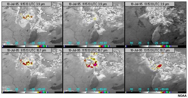 Seis imgenes en los canales de 3,9 y 10,7 micrmetros del GOES-8 que destacan el calentamiento diurno de las nubes a 3,9 micrmetros debido a la reflexin de la radiacin solar entrante