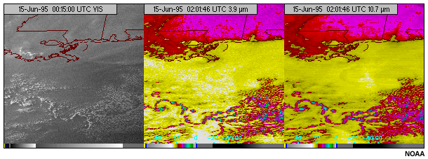 Esta imagen muestra cmulos de noche en el canal infrarrojo de onda corta de 3,9 micrmetros del GOES-8