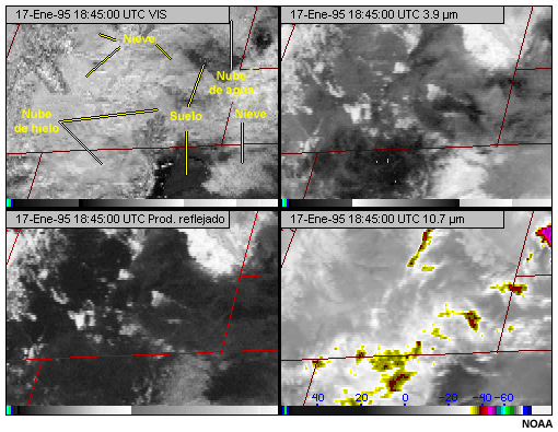 4 paneles con imgenes tomadas en los canales visible, de 3,9 micrmetros y de 10,7 micrmetros del GOES-8, as como el producto energa reflejada, para demostrar la identificacin del manto de nieve