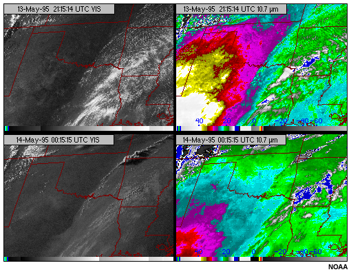 Cuatro imgenes tomadas con los canales visible y de la ventana infrarroja de onda larga de 10,7 micrmetros del GOES-8 que resaltan el ciclo diurno de calentamiento y enfriamiento causado por masas de aire brumosas y claras a ambos lados de una lnea seca