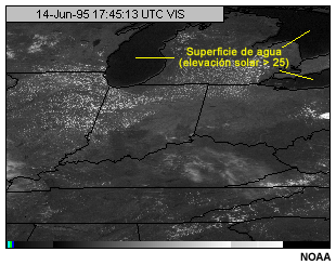 Esta imagen muestra the GEOS-8 visible channel for water surfaces with a sun angle greater than 25 degrees.