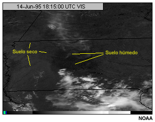 Esta imagen muestra the canal visible del GOES-8 for wet and dry soil.