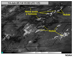 Esta imagen muestra the canal visible del GOES-8 for wet dirty snow.