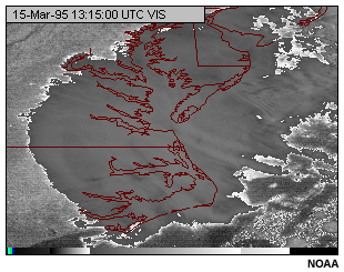 Esta imagen muestra una imagen del canal visible del GOES-8 en la cual se han realzado los valores de brillo oscuros de forma selectiva.