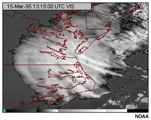 Imagen del canal visible del GOES-8 con realce selectivo de los valores de brillo medianos.