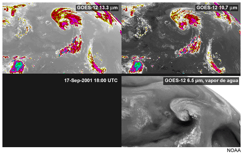 Esta imagen muestra cirros en el canal de dixido de carbono de 13,3 micrmetros del GOES-12