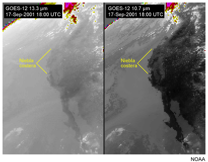 Esta imagen muestra niebla en el canal de dixido de carbono de 13,3 micrmetros del GOES-12