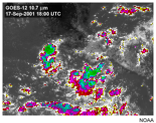 Esta imagen muestra cumulonimbos en canal de la ventana infrarroja de onda larga de 10,7 micrmetros del GOES-8