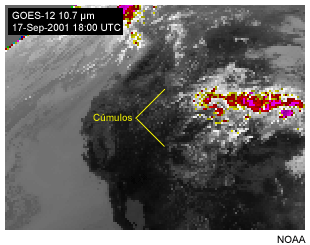 Esta imagen muestra cmulos en el canal de la ventana infrarroja de onda larga de 10,7 micrmetros del GOES-12.
