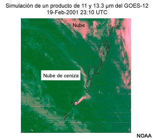 Esta imagen representa un producto de ceniza volcnica del GOES-12 simulado mediante una combinacin de los canales de 10,7 y 13,3 micrmetros del espectrorradimetro MODIS.