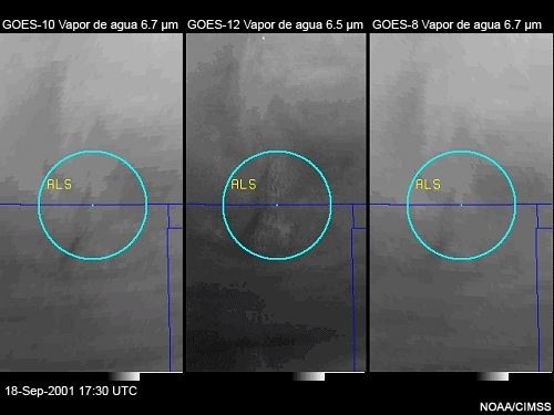 Comparacin de imgenes de ondas orogrficas cerca de Alamosa, Colorado tomadas con el canal de vapor de agua de los satlites GOES-8, 10 y 12