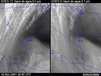Dos imgenes que comparan los canales de vapor de agua del GOES-12 y del GOES-8 para mostrar los efectos de la respuesta espectral ms ancha y la mayor resolucin espacial del canal de vapor de agua de 6,5 micrmetros del GOES-12