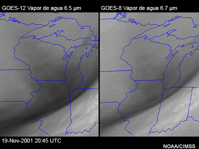 Dos imgenes que comparan los canales de vapor de agua del GOES-8 y del GOES-12 para resaltar la mayor resolucin de 4 km y la mejor capacidad de anlisis de los mximos de velocidad de una corriente en chorro con el GOES-12