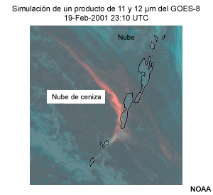 Esta imagen representa un producto de ceniza volcnica del GOES-8 simulado mediante una combinacin de los canales de 10,7 y 12 micrmetros del espectrorradimetro MODIS.