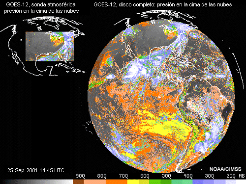 Esta imagen muestra la cobertura limitada de la sonda atmosfrica y la cobertura de disco completo de la Tierra del GOES-12 para presin en la cima de las nubes.