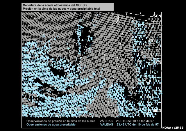 Cobertura de la sonda atmosf�rica del GOES West con observaciones de presi�n en la cima de las nubes y agua precipitable del 10 de febrero de 1997