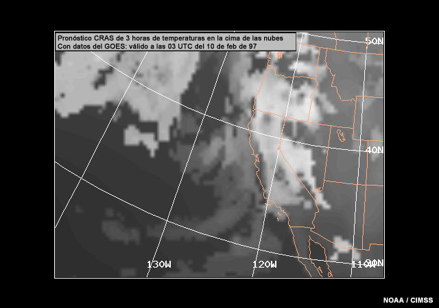 CRAS model 3 hour cloud-top temperature forecast with GOES data valid 03 UTC 10 February 1997