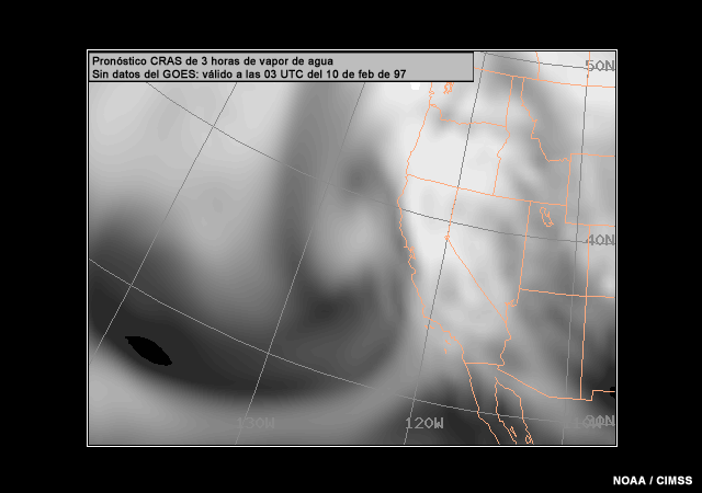 CRAS model 3 hour water vapor forecast image without GOES data for 03 UTC 10 February 1997