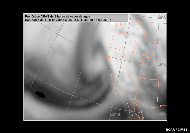 CRAS model 3 hour water vapor forecast image with GOES data for 03 UTC 10 February 1997