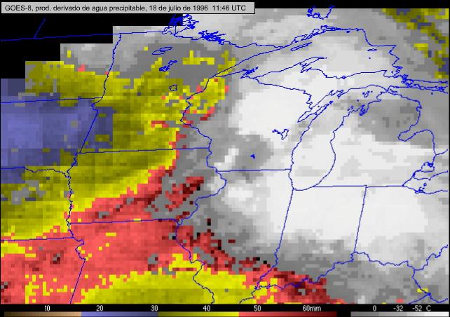 Primer fotograma de la secuencia de agua precipitable de la sonda atmosf�rica del GOES-8