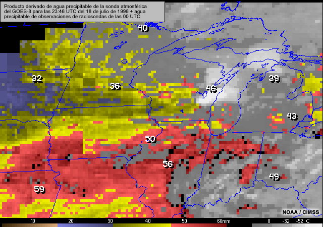 Imagen de producto derivado de agua precipitable de la sonda atmosférica del GOES-8 con observaciones agua precipitable de radiosondas superpuestas