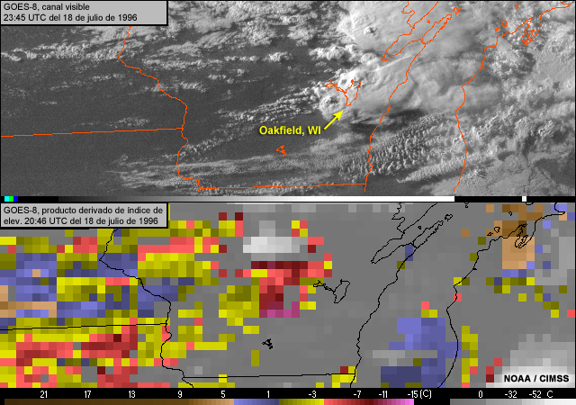 Imágenes VIS y producto derivado de índice de elevación de la sonda atmosférica del GOES-8 del 18 de julio de 1996