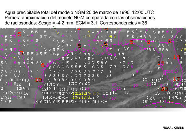 Primera aproximación de agua precipitable del modelo NGM con valores de agua precipitable de las observaciones de radiosonda superpuestos