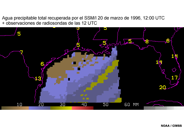 Agua precipitable recuperada por SSM/I con valores de agua precipitable de las observaciones de radiosonda superpuestos