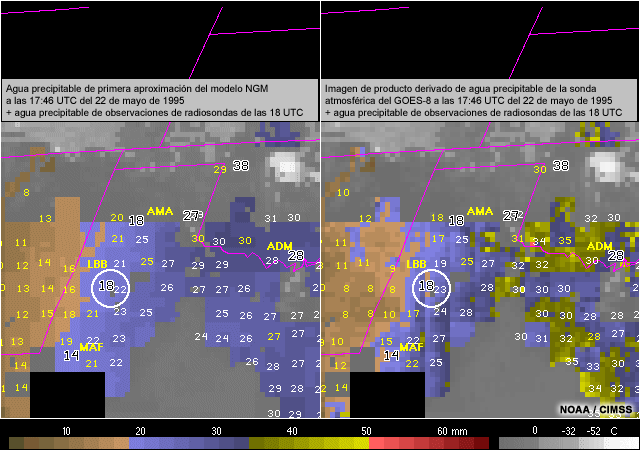 Comparación de agua precipitable de la primera aproximación del modelo NGM y el agua precipitable de la sonda atmosférica del GOES-8 con valores de agua precipitable de las observaciones de radiosondas superpuestos
