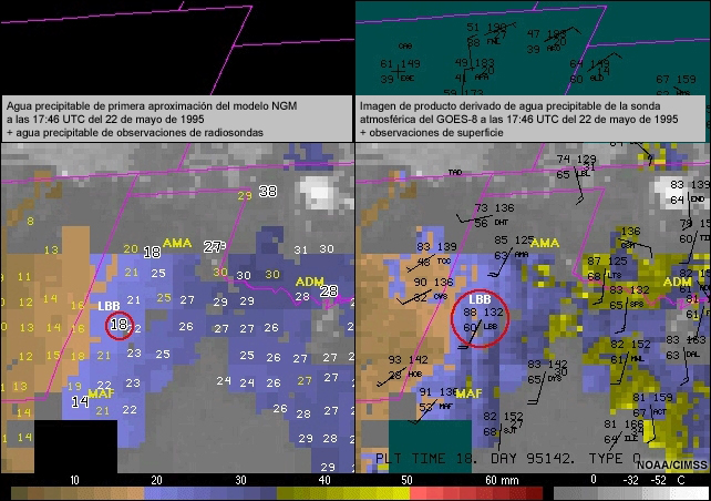 Primer fotograma de la secuencia de comparación de agua precipitable del modelo NGM y la sonda atmosférica del GOES-8