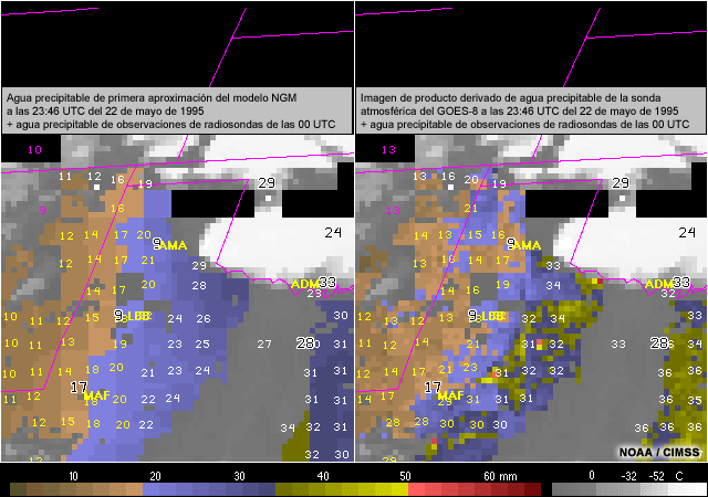 Comparación de agua precipitable de la primera aproximación del modelo NGM y el agua precipitable de la sonda atmosférica del GOES-8 con valores de agua precipitable de las observaciones de radiosondas superpuestos