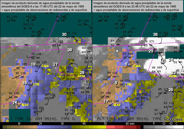 Producto derivado de agua precipitable de la sonda atmosférica del GOES-8 con valores de índice de elevación de las observaciones de radiosondas y observaciones de superficie superpuestos