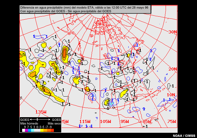 Distribución de diferencias de agua precipitable en pronósticos Eta que incluyen y excluyen datos de agua precipitable de la sonda atmosférica del GOES