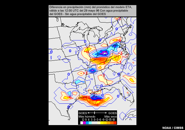 Distribución de diferencias en la precipitación pronósticos Eta que incluyen y excluyen datos de agua precipitable de la sonda atmosférica del GOES