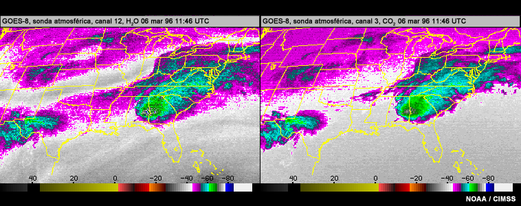 Comparación de imágenes de los canales 3 y 12 de la sonda atmosférica del GOES-8