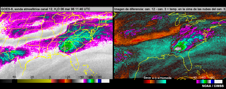 Comparación de imagen del canal 12 (vapor de agua) de la sonda atmosférica del GOES-8 con una imagen de la diferencia del canal 12 menos el canal 3