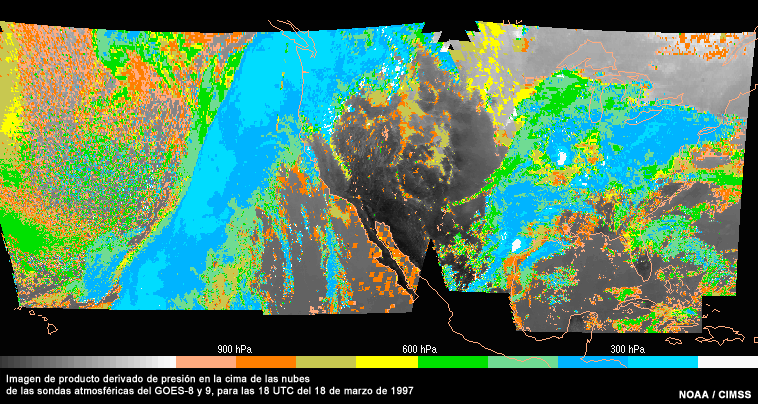 Imagen de producto derivado de presión en la cima de las nubes de las sondas atmosféricas del GOES East y West
